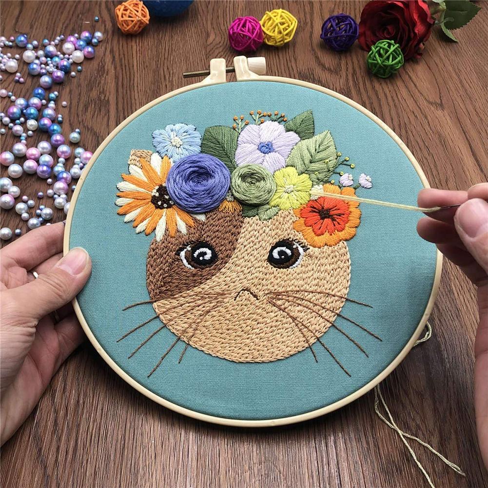 Kit de bordado a mano para principiantes, fácil punto de cruz con patrón de animales, gato, DIY, incluye hilo de Aro y herramienta de aguja
