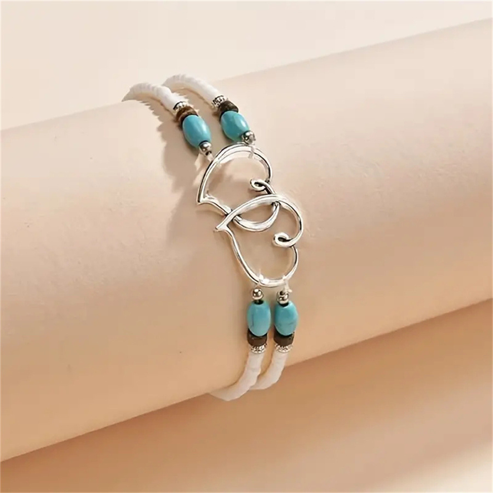 Jahrgang Schicht Perlen Hohl Doppel Herz Fußkettchen für Frauen Weibliche Böhmen Harz Perlen Kette Silber Farbe Strand Knöchel Fuß Schmuck