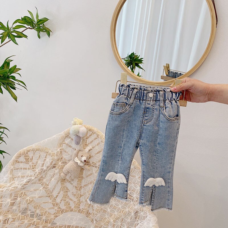Spring Children‘s Denim Jeans Kids Boot Cut Pants Cute Wing Split Girls Casual Trousers