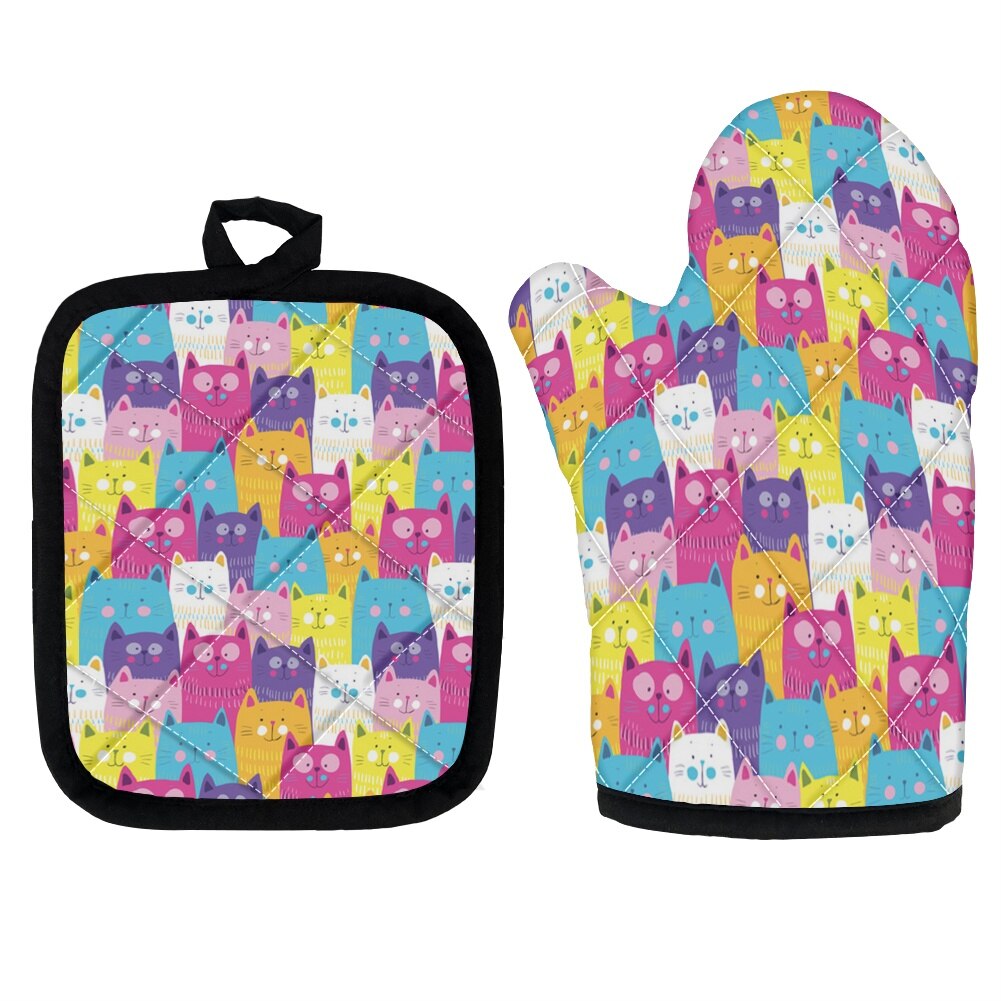 High Heat Protect Gloves Cute Cartoon Cat Print Polyester Microwave Oven BBQ Mitt Potholder Kitchen Mittens and Pad for Cooking: ZXP109D19