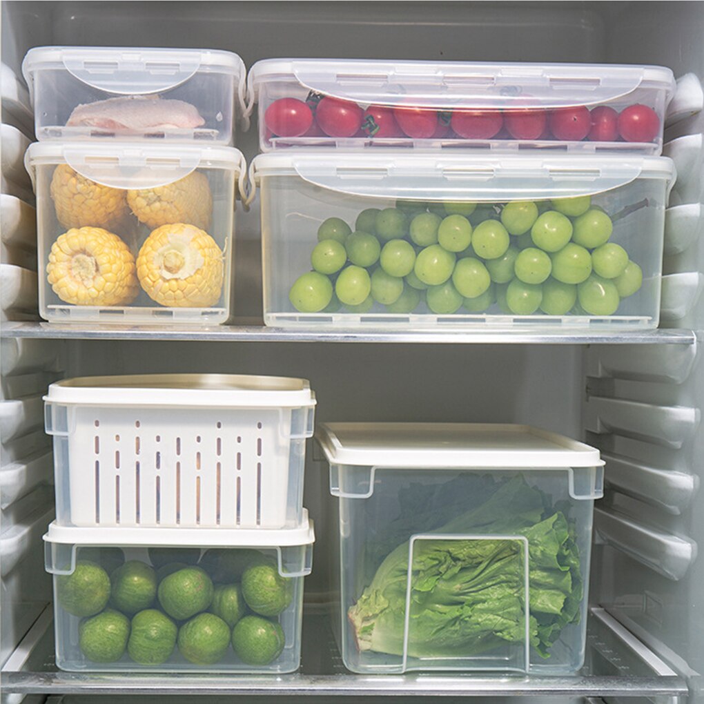 Refrigerador apilable de 1,9 L, organizador de frutas y ensaladas, contenedor de almacenamiento de alimentos, caja de verduras frescas transparente con colador para nevera