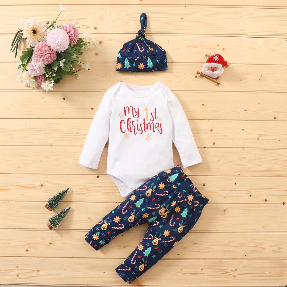 Conjuntos de My First Christmas para bebés, niños y niñas, Pelele con letras estampadas, pantalones, sombrero, trajes de Navidad, conjuntos de para bebés de otoño