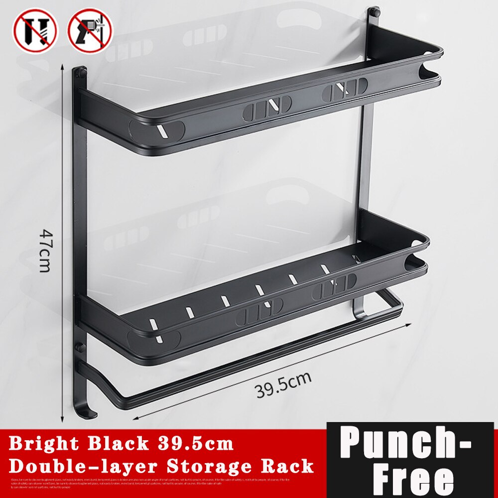 Punch-Free For Bathroom Accessories Space Aluminum Black Multifunctional Single And Double Layer Storage Rack Shower Shelves: black 2 Floor 40cm