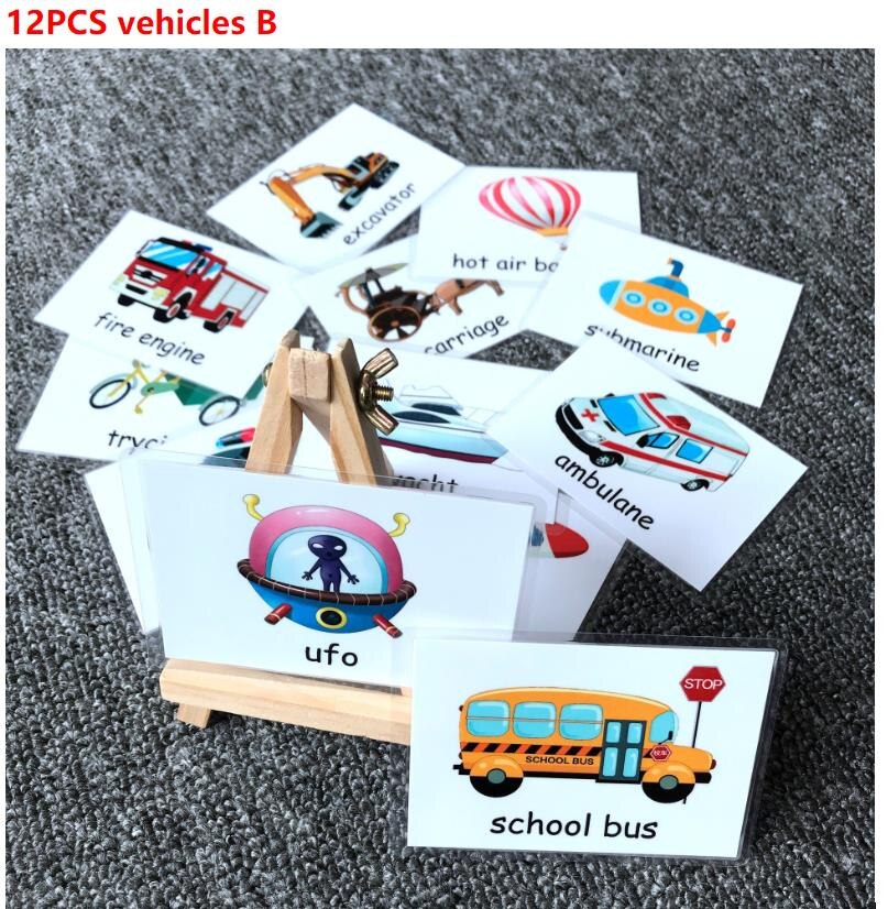 Kids Montessori Baby Learn English Word Card Flashcards Cognitive Educational Toys Picture Memorise Games For Children: 12pcs vehicle B