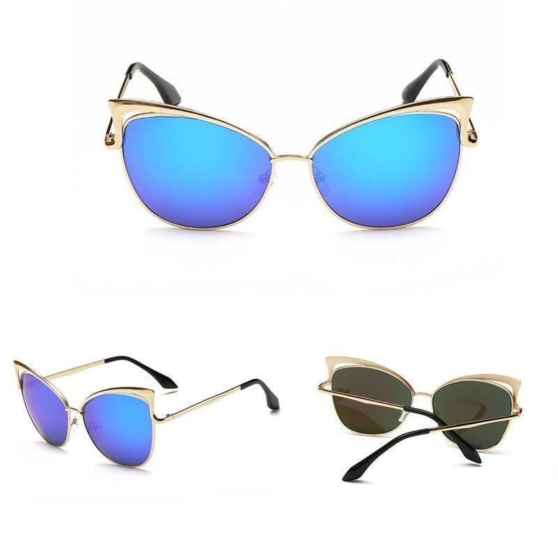 katt øye merke solbriller kvinner speil flat rose gull årgang metall reflekterende solbriller kvinner hunn oculos gafas: Blå