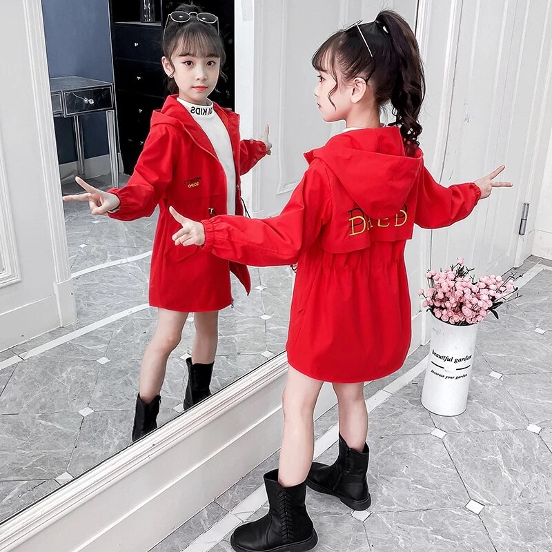 Teens Black Fall Hooded Windbreaker Spring Autumn Clothing Embroidery Letter Jackets for girls Children's Mid-length Trench Coat