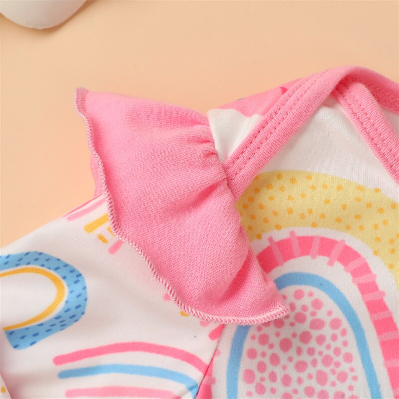 0-12M jesień niemowlęta dziewczynki chłopcy pajacyki nadruk tęcza wzburzyć długie rękawy O-szyja bawełniane kombinezony jednoczęściowe