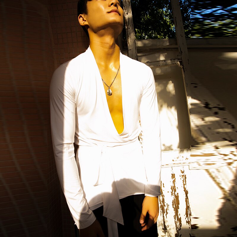 Latynoski kostium taneczny mężczyzna Salsa taniec topy modalne praktyka odzież sala balowa koszula samba Cha Cha wydajność V szyja topy BL5070: biały / Xl