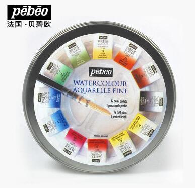 Pebeo akvarel aquarelle fin solid akvarel maling sæt rund metalæske 12 farve 24 farve: 12 farver rund kasse