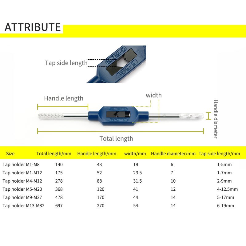 Porte-clé à main réglable, accessoires pour tarauds et jeu de matrices, M1-M32