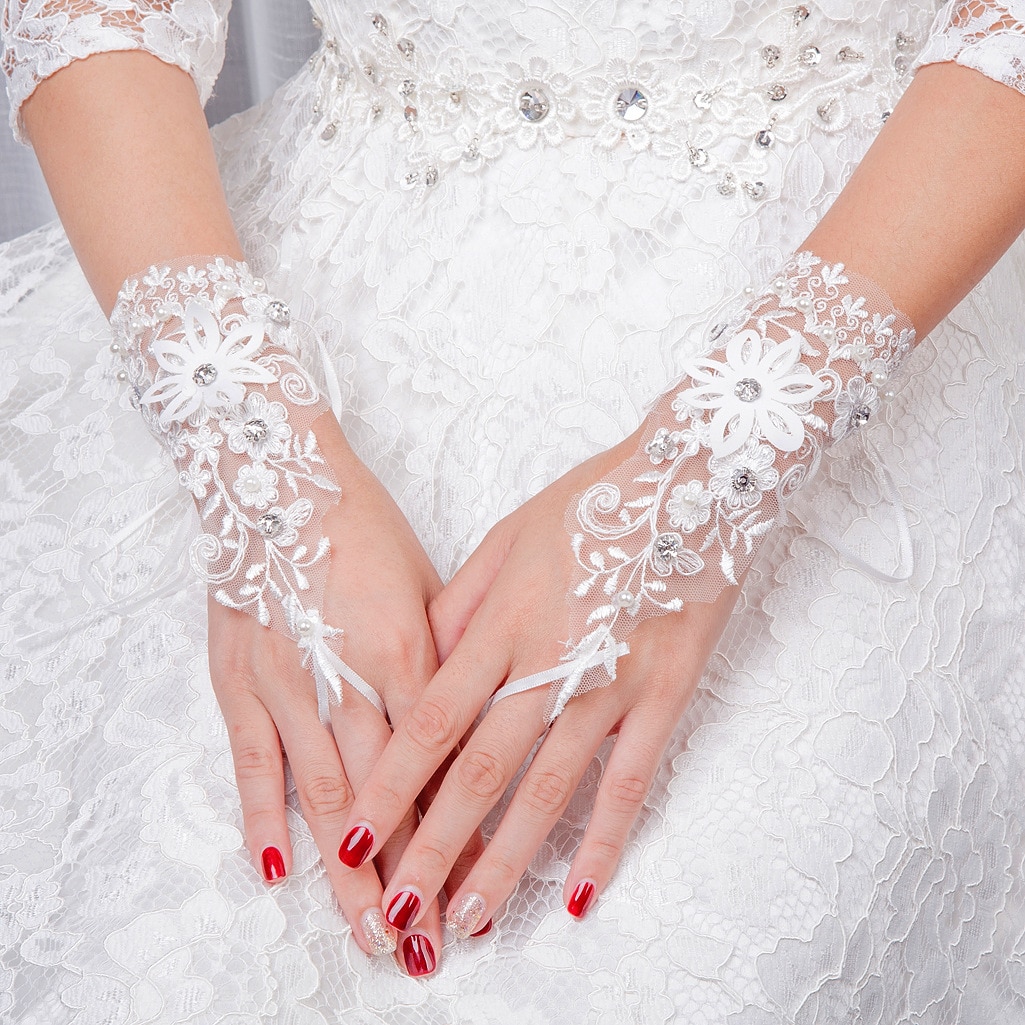 Neue Braut Hochzeit Spitze Handschuhe Diamant Perlen Kristall Braut Handschuhe Hochzeit Zubehör Finger Handgelenk Länge