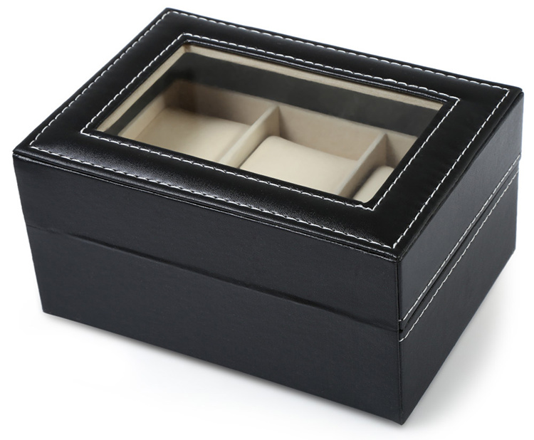 Organizador de reloj de cuero con 3 ranuras, caja de reloj negra con exhibición de joyería en escaparate, estuche protector de
