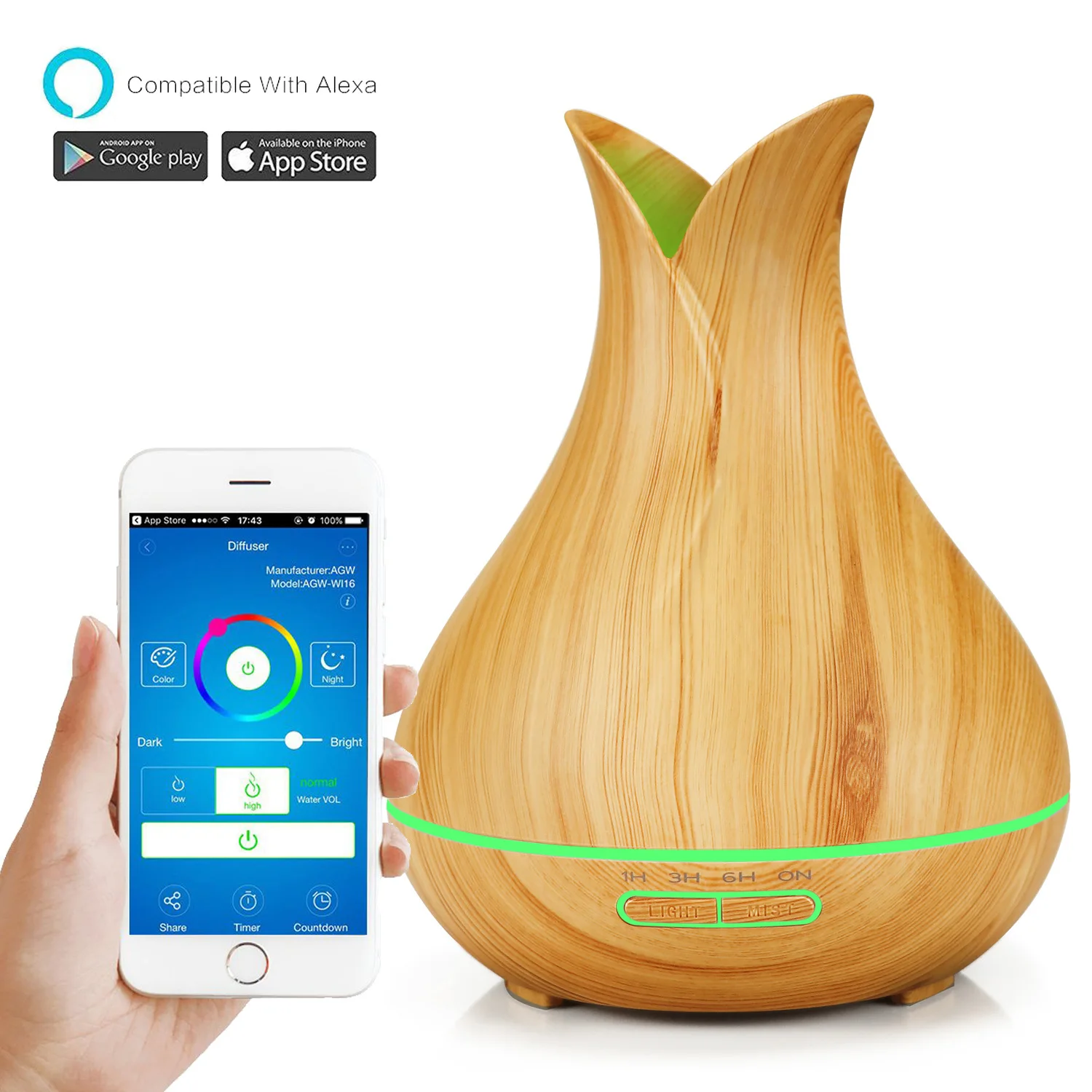 Tuya Smart Humidifier with Colorgul LED Light WiFi Aroma Diffuser Timer Wireless Control Work with Alexa Google Home Compatible: light green / EU