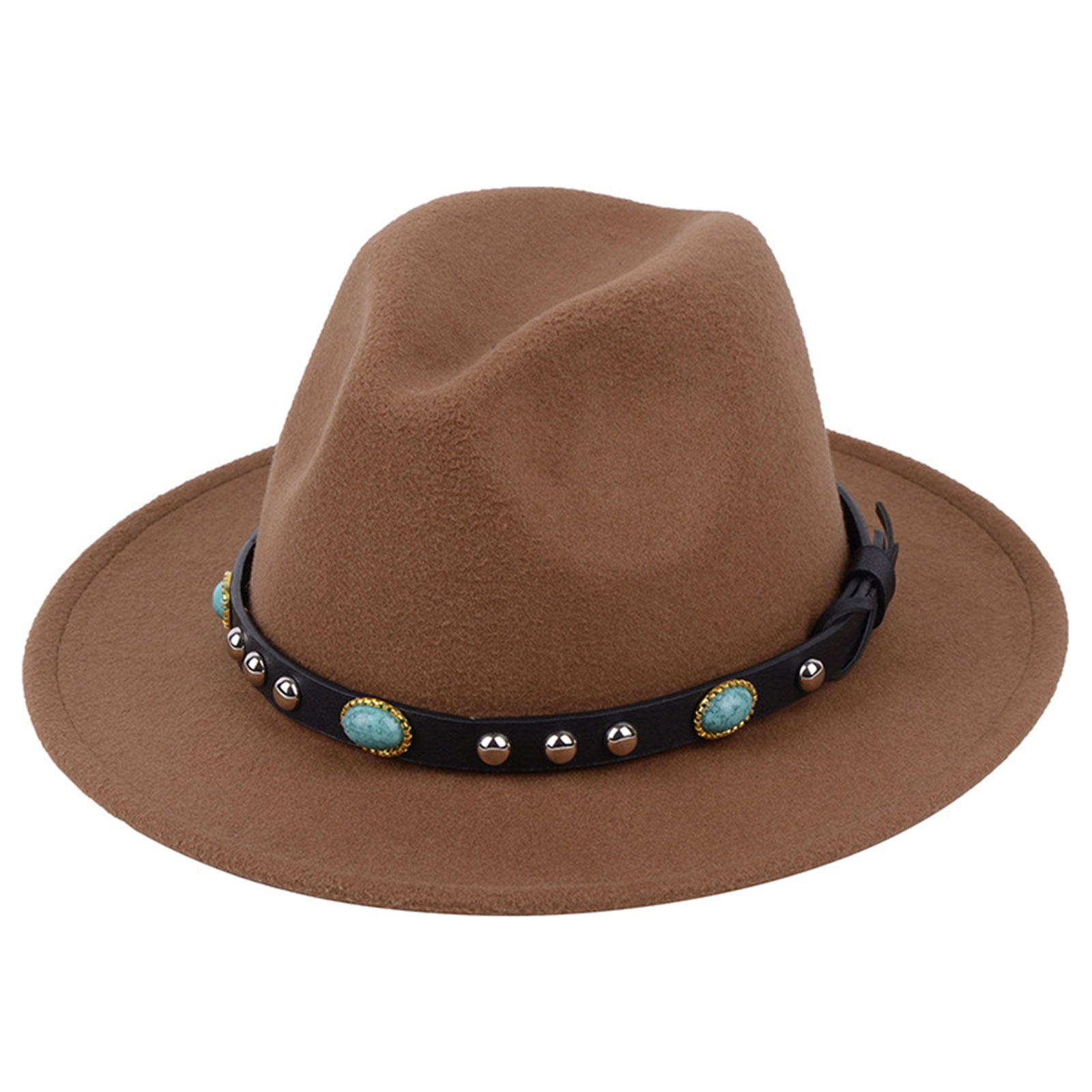 Sombrero de fieltro Vintage estilo inglés para hombre y mujer, Fedora de fieltro de lujo, hebilla de cinturón ancha, gorros con visera vaquera, sombrero de Jazz: Caqui