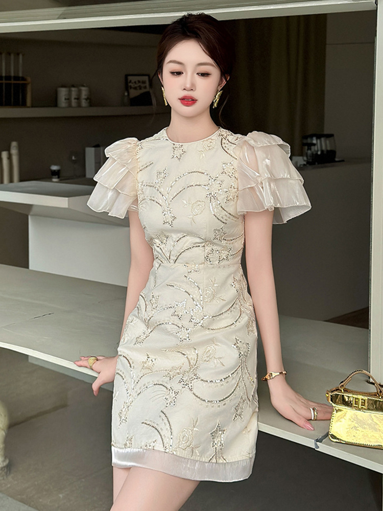 Vestido curto de lantejoulas bordado feminino babados, vestido de noite elegante, manga bolha, vestido de festa, data e banquete, moda