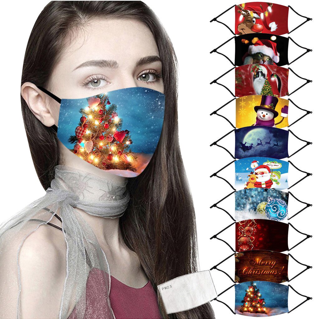 Face Mask Reusable With Filter Christmas Printed Adjustable Mouth-muffle Dustproof Washable Breathable Cycling Mascari1pc Filter