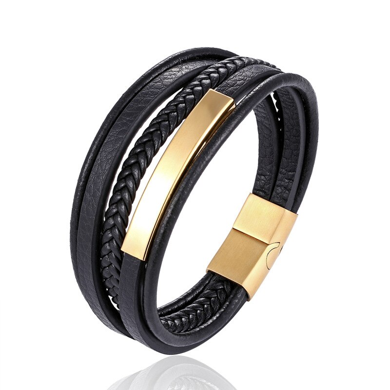 Wollet novo simples preto ouro mão-tecido pulseira de couro moda masculino jóias wrap pulseiras