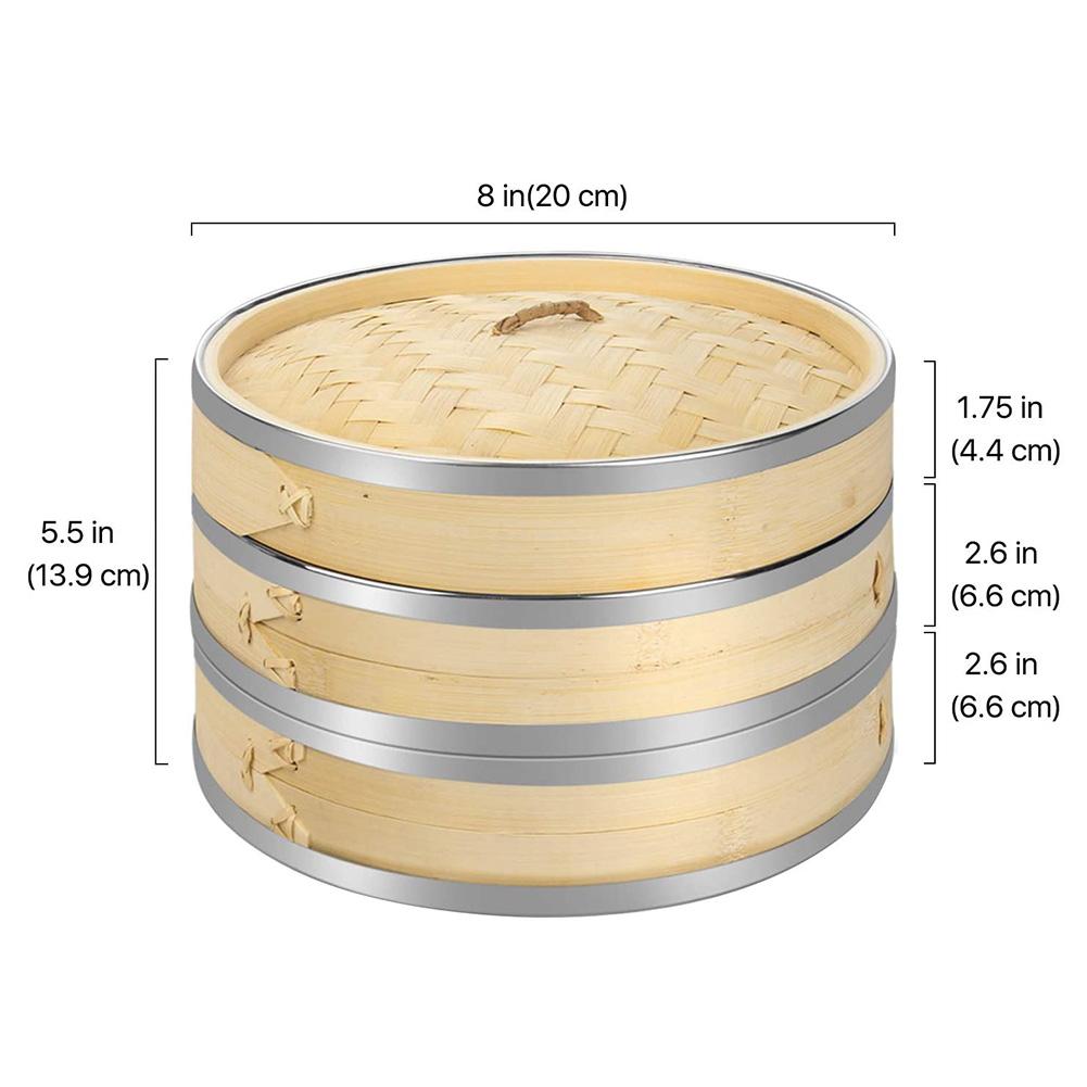 Nyaste 8 tums bambu ångbåt korg set med rostfritt stål band 50 ångfartyg liners och 2 par ätpinnar kinesisk ångbåt