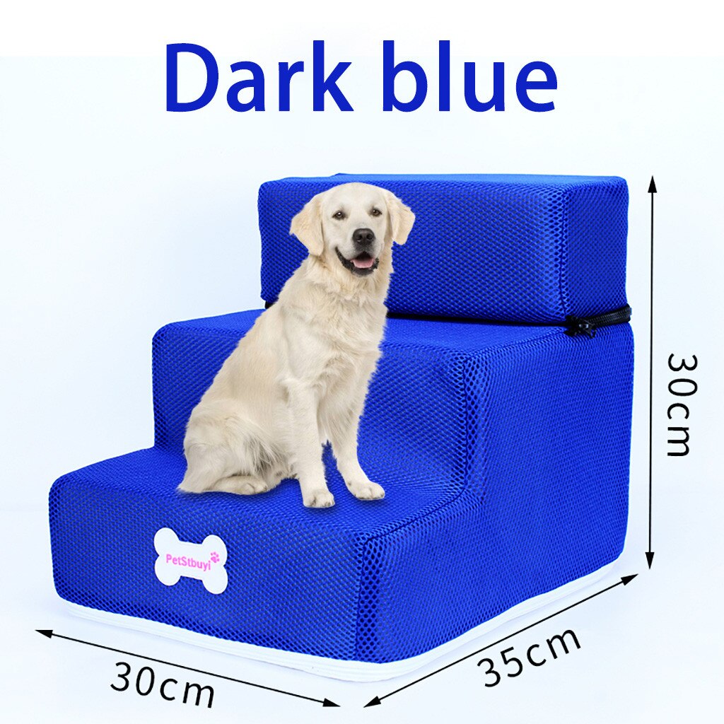Breathable Mesh Foldable Pet Stairs Detachable Pet Bed Cat Dog Ramp 3 Steps Dog Bed Washable Pet cats Pads Products for Dog: Dark Blue