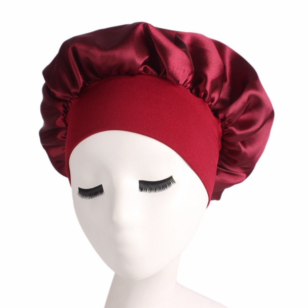 Solid Color Long Hair Care Women Satin Bonnet Cap Night Sleep Hat Silk Head Wrap Adjust Shower Caps Knitted Cap 58cm: 6