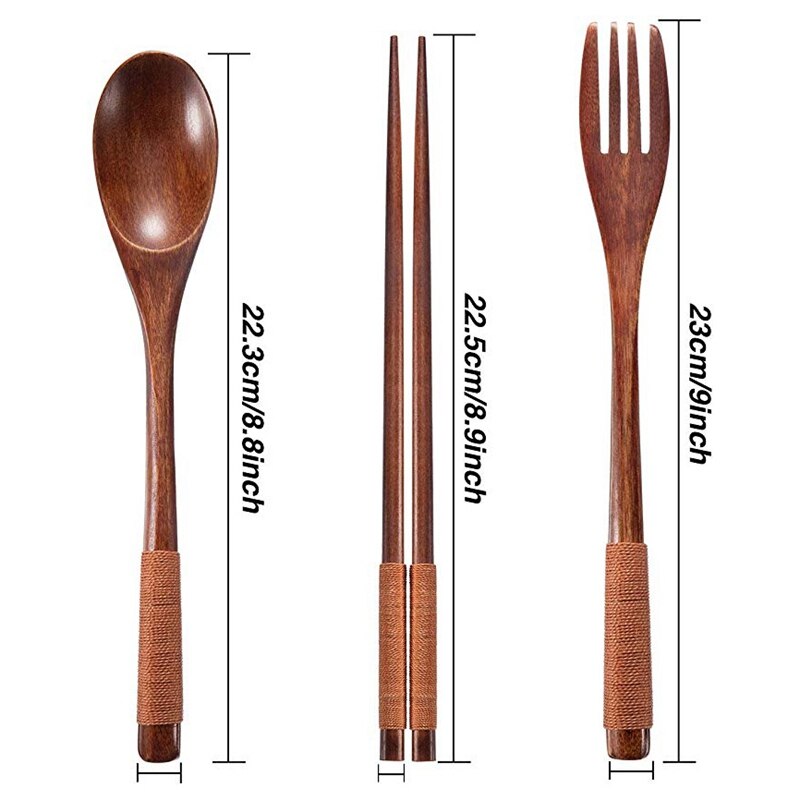 2 sets houten bestek, servies, bestekset, reisbenodigdheden, vastgebonden lijn, herbruikbaar bestek, houten vork, lepel, eetstokjes