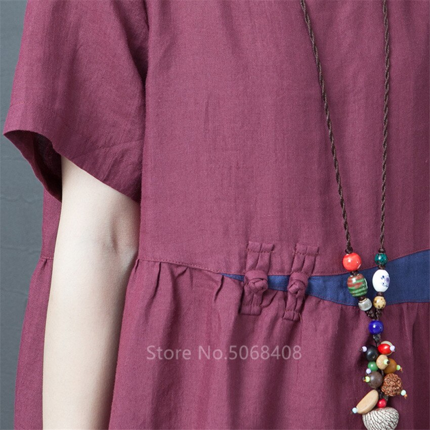De manga corta verano las mujeres vestido de lino de algodón o-Cuello Vintage tradicional de talla grande de vacaciones Casual Midi vestido túnica