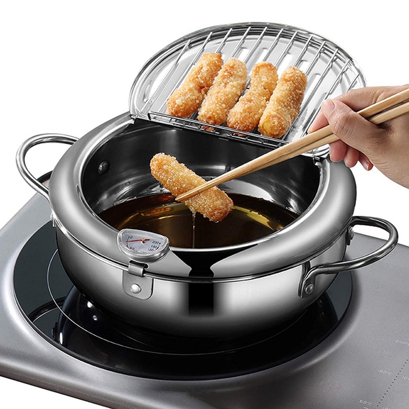 Frying Pans 304 Stainless Steel Pot Japanese Deep Fryer Kitchen Deep Frying Pot Temperature Control Without Oil Cookware