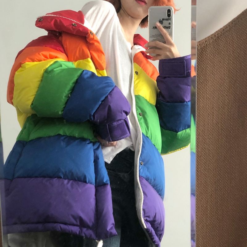 Chaqueta informal de invierno u-swear harajuku para mujer, parka acolchada con arcoíris, abrigo holgado a rayas de talla grande, chaqueta para mujer