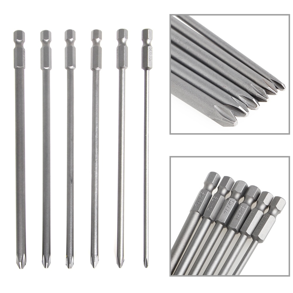 6Pcs/Set 1/4'' Shank 150mm Long S2 Steel Magnetic Hex Cross Head Screwdriver Bit