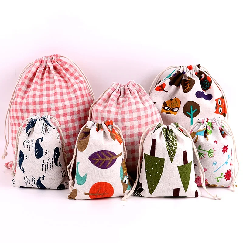 Bolsa de tela de lino y algodón, bolsa con cordón, estampado de plantas y animales bonitos, bolsa de almacenamiento de zapatos de tela de viaje para niños, estuche de maquillaje, bolsa de de Navidad