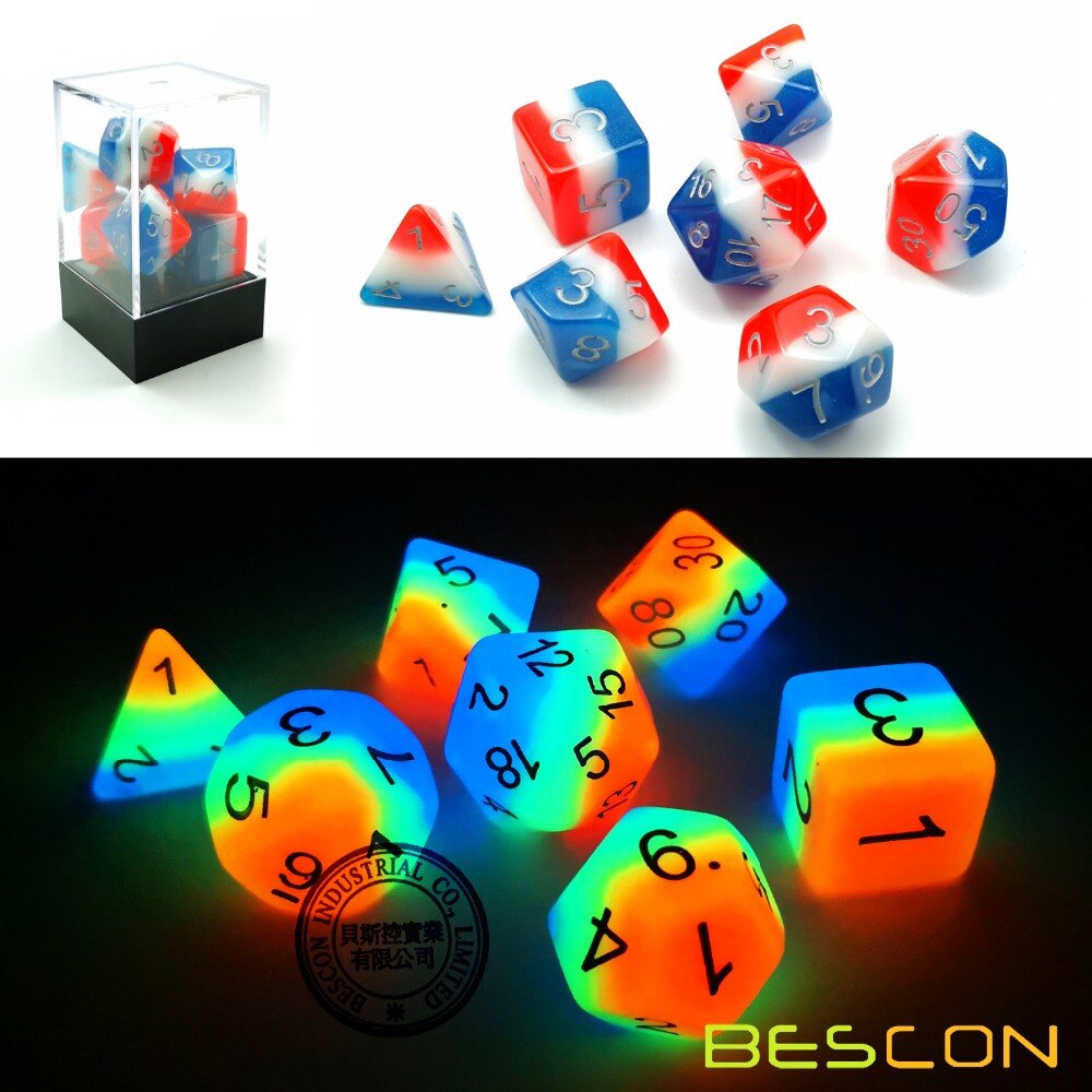 Bescon glödande polyedriska tärningar 7 st set fransk kyss, lysande rpg tärningar glöd i mörker, dnd rollspel tärningar