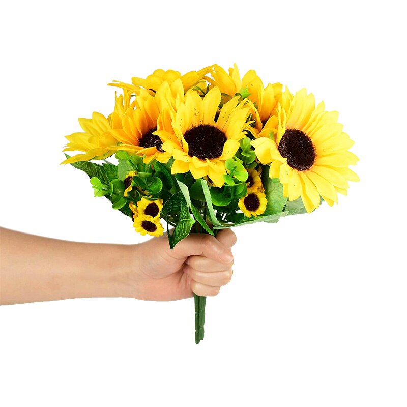 7 grener/bukett gul silke solsikke bukett vakker kunstig blomst tusenfryd hode til bryllup bursdagsfest hjemme hage deco