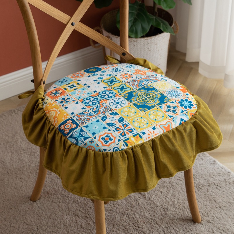 Cojín de asiento impreso para silla de comedor, cojín para silla de comedor para el hogar, correa extraíble y lavable, cojín para silla con borde de volantes retro: Haya