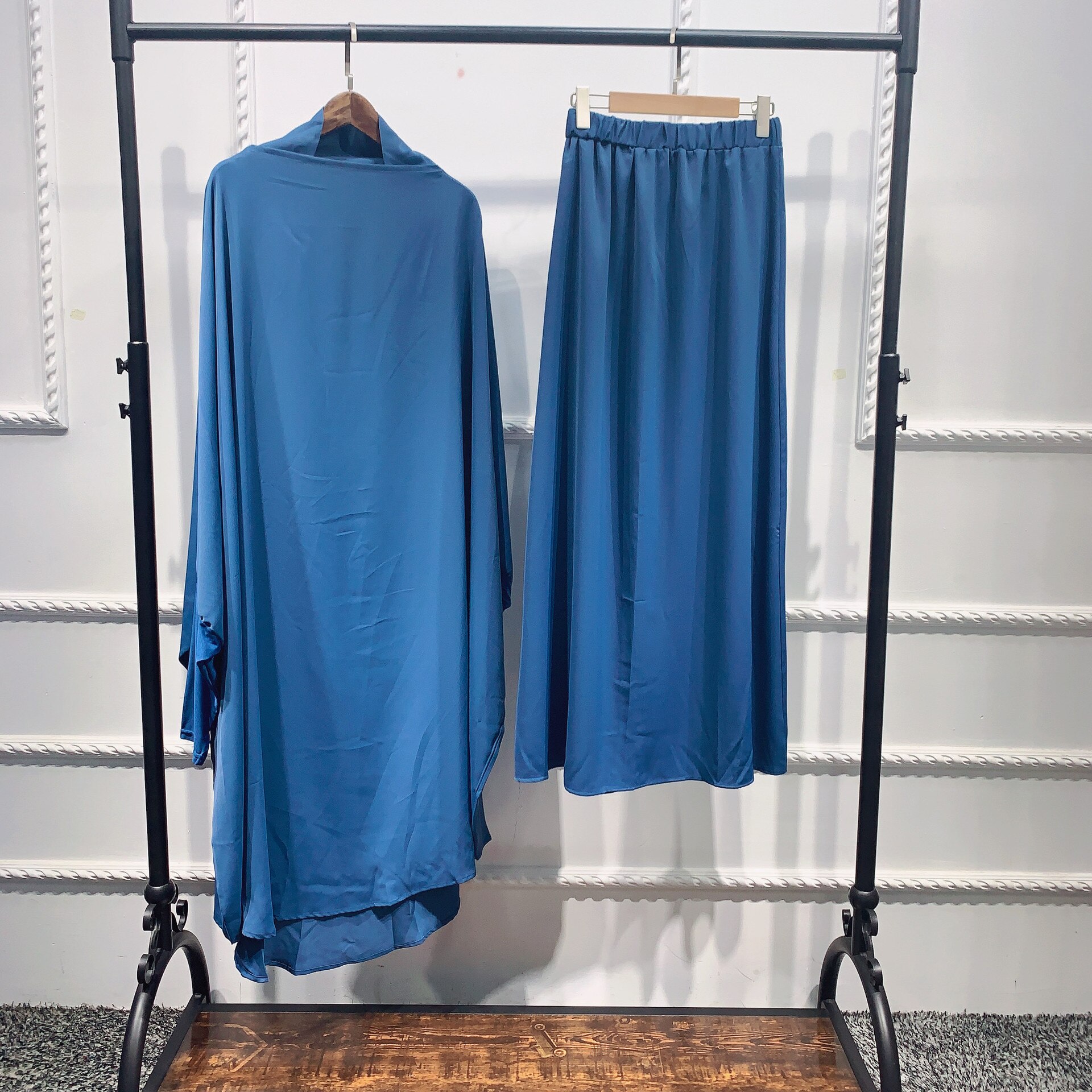 Ramadan Eid Vrouwen Gebed Kledingstuk Moslim Set 2 Stuk Bijpassende Outfit Hooded Khimar Hijab Lange Rok Abaya Jurk Islam saudi: Blauw