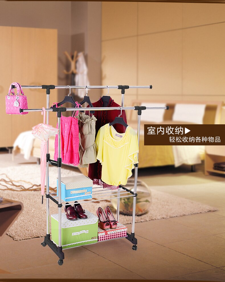 Double rod drying rack coat simple clothes retractable cool drying rack floor folding indoor balcony stainless steel double rod