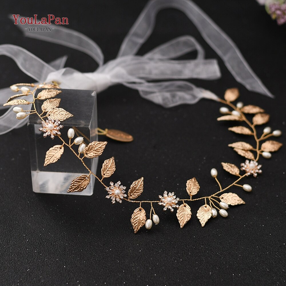 YouLaPan Golden leaf Wedding Headband Noble Bridal Tiara Bride Hair Jewelry Wedding Headpieces Pearl Bridal Hairband HP110