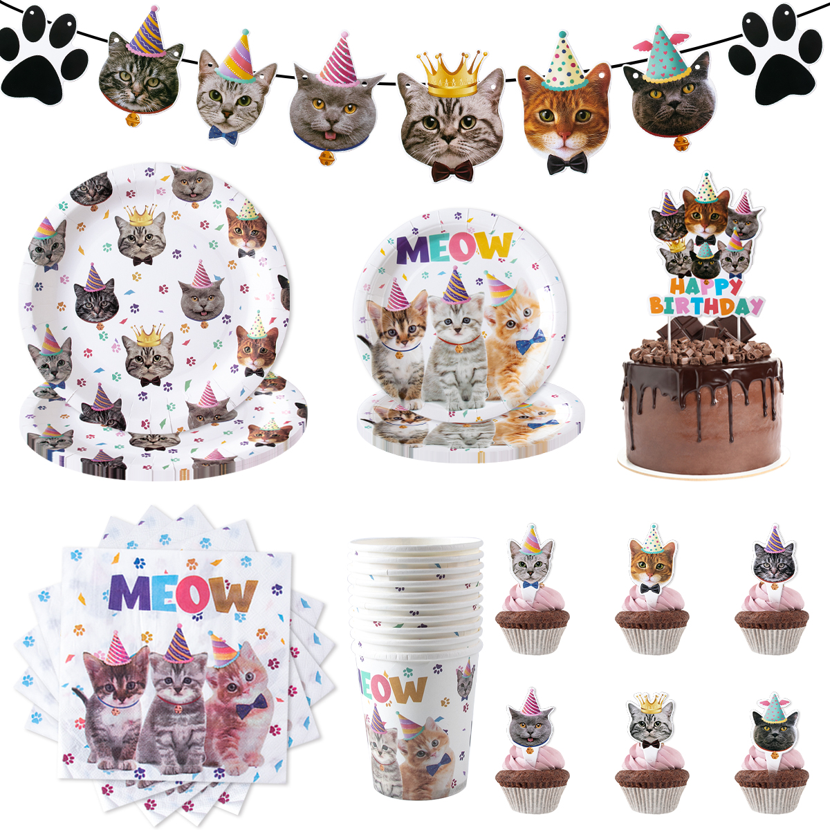 Decoración de de cumpleaños para gatos, pancarta de papel, plato, taza, adorno para pastel, juego de vajilla desechable, suministros para fiestas temáticas de gatos para niños