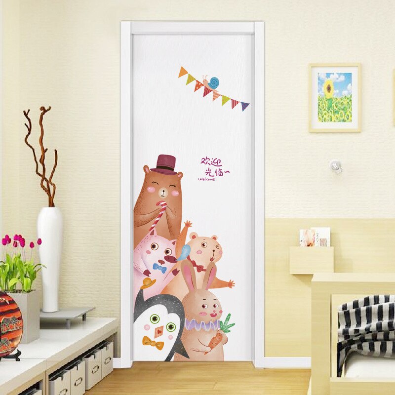 Tofok schattige dieren cartoon deurstickers voor kinderkamers slaapkamer huis muurschilderingen doe-het-zelf safari muursticker beer konijn kastdecoratie