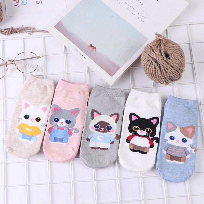 1 Pair / 5 Pairs Ladies Socks Kawaii Kitten Pattern Socks Personality Fun Pattern Socks Cute Animal Series Girl Socks: Five pairs