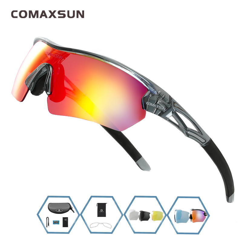 COMAXSUN Polarized Cycling Glasses Bike Goggles Outdoor Sports Bicycle Sunglasses UV 400 With 5 Lens TR90 2 Style: Style 2 GRAY BLACK