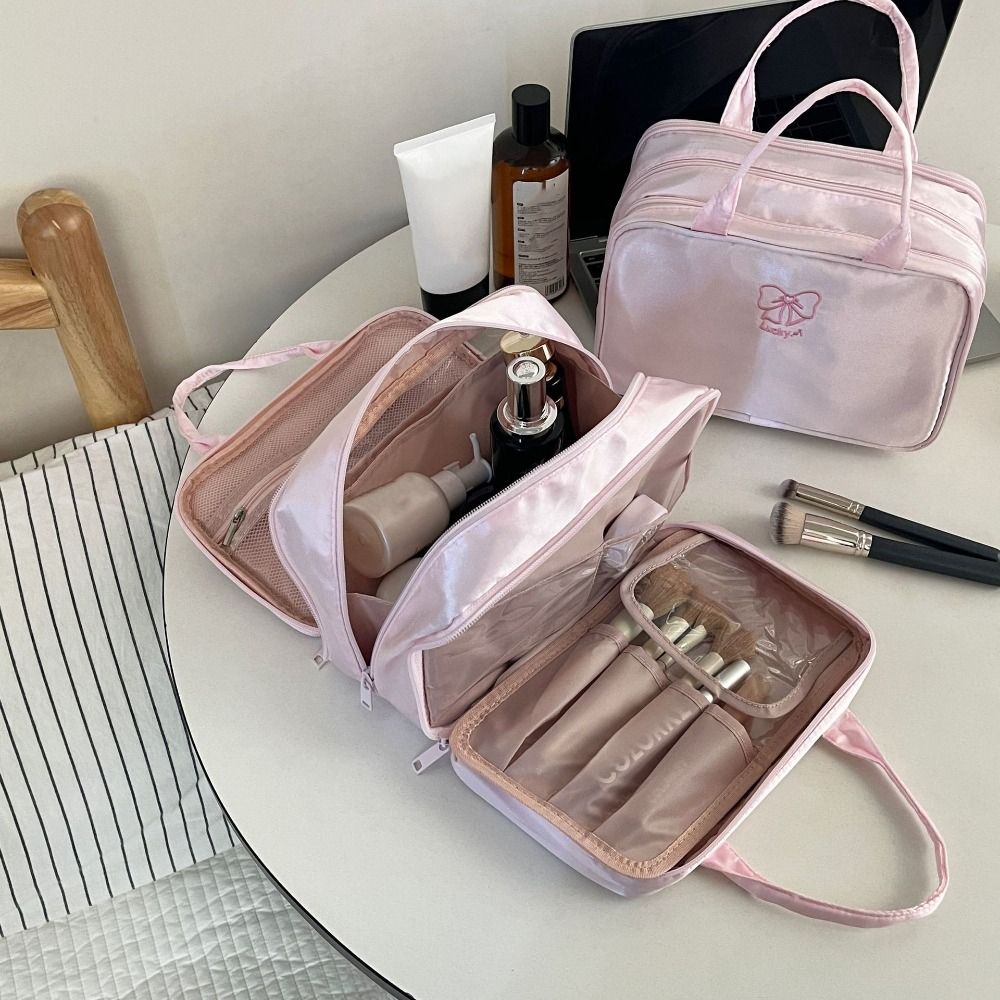 Toilettas Organisator Grote Capaciteit Boog Make-up Tas Roze Doek Toiletartikelen Tas Multifunctionele Waterdichte Reistas Meisjes