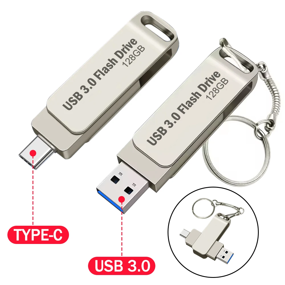 Type-C Usb Flash Drives 3.0 128gb pendrive 64gb флэш-накопител stick Type-c Pen Drive for Phone PC TYPE-C 2 IN 1 Free key Ring
