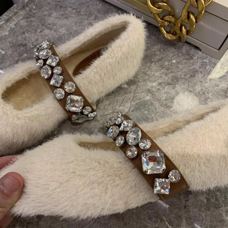 Loafers Bont Casual Vrouw Schoen Ondiepe Mond Ronde Neus Kristal Modis Vrouwelijke Schoeisel Herfst Slip-On Winter Strass Dr