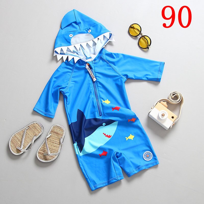 Children's Swimwear Hooded One Piece Toddler Baby Swimsuit 3/4 Sleeve Shark Blue Kids Bathing Suit Beachwear Indoor Swim Clothes: SIZE 90