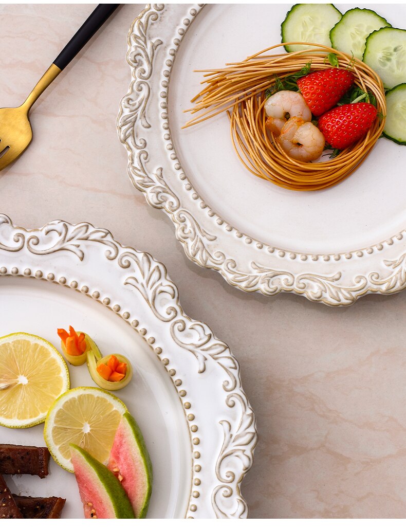 French Royal Crown Embossed Ceramic Dessert Cake Steak Plate Art Crokery Dinnerware Oval Soup Fish PLate 10/12 Inch