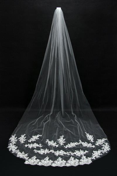 Une couche dentelle bord cathédrale longue mariage voile avec peigne accessoires de mariée pas cher blanc ivoire mariée Welon: cpa067 Ivory