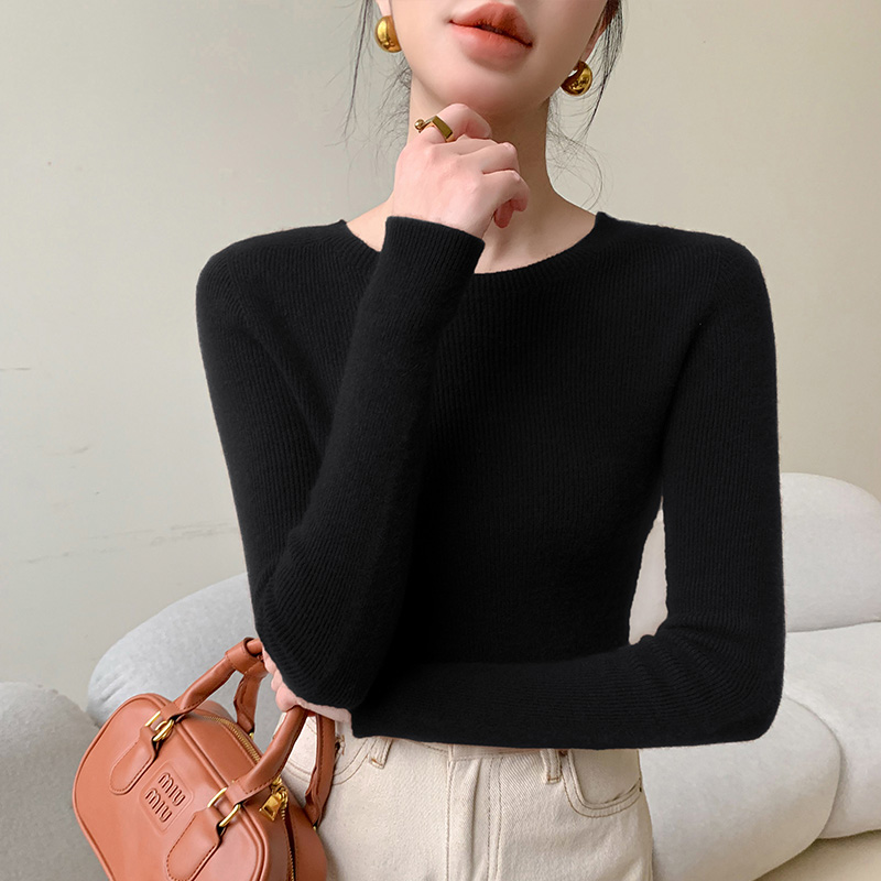 Suéter de malha com nervuras de manga comprida feminina, gola redonda, pulôver fino, tops de luxo, roupa coreana, moda: XXL / Preto