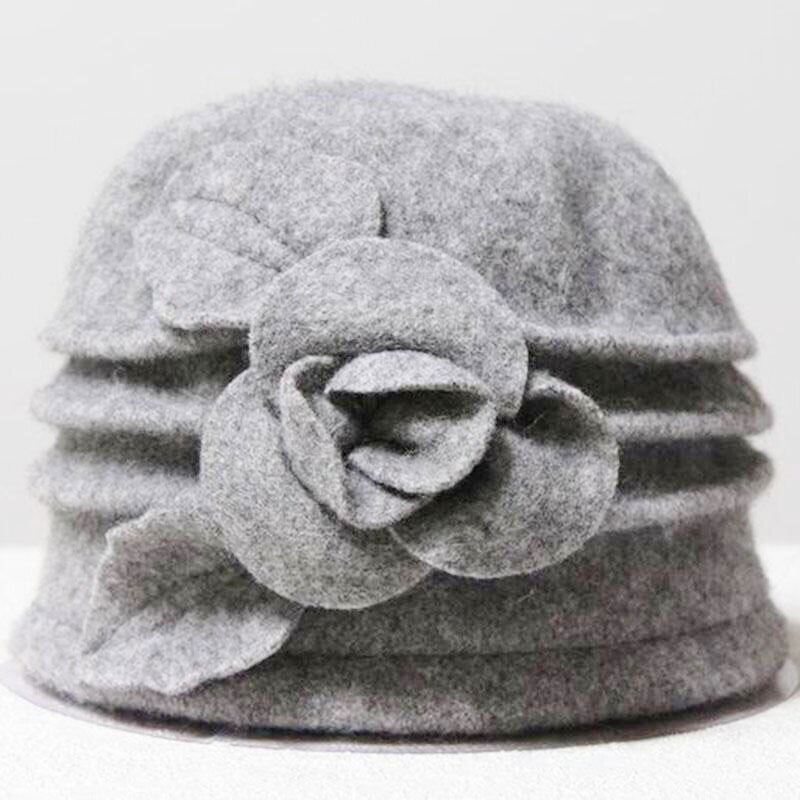 Chapeau melon cloche pour femme, 100%  chapeaux derby en feutre de laine avec fleur, bleu, rouge, kaki, gris, noir, rose: Gris