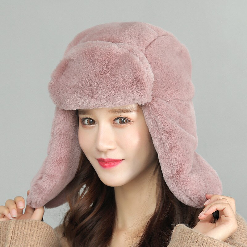 Gorros de mujer lisos de , gorro de lana de invierno para exteriores cálido y mullido con orejeras de piel sintética, gorro de esquí grueso, gorro de aviador, gorro para hombre: Pink