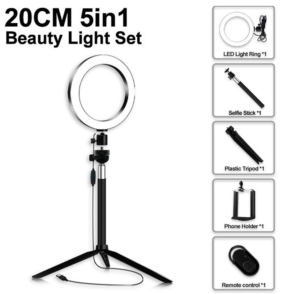 5 in 1 LED ring light 20 cm dimmable USB light for photography camera studio makeup telescopic tripod selfie frame
